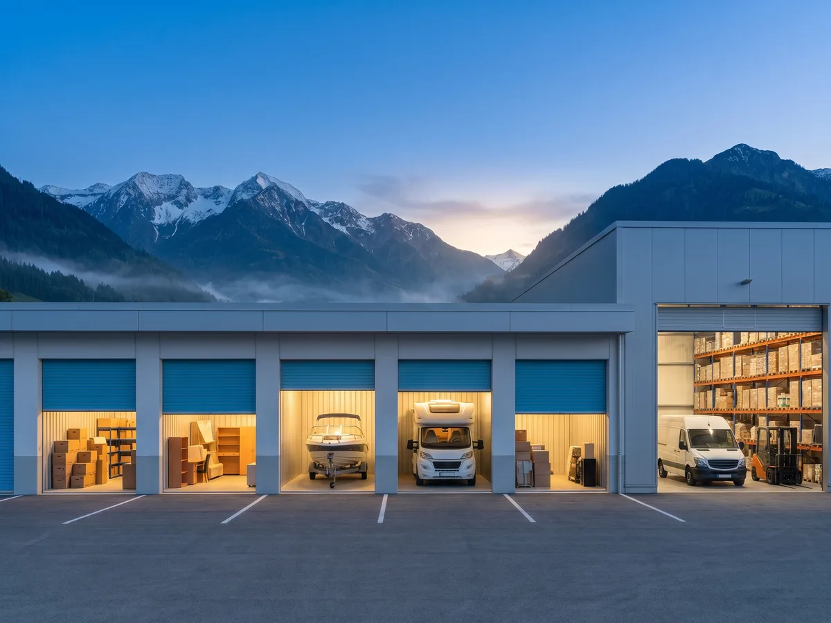Beleuchtete Lagerboxen mit Hausrat, Boot und Wohnmobil vor verschneiter Bergkette in der Abenddämmerung