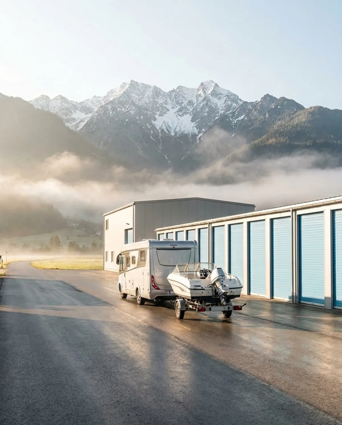 Wohnmobil mit Boot am Anhänger verlässt die Self-Storage-Anlage vor verschneiter Bergkette