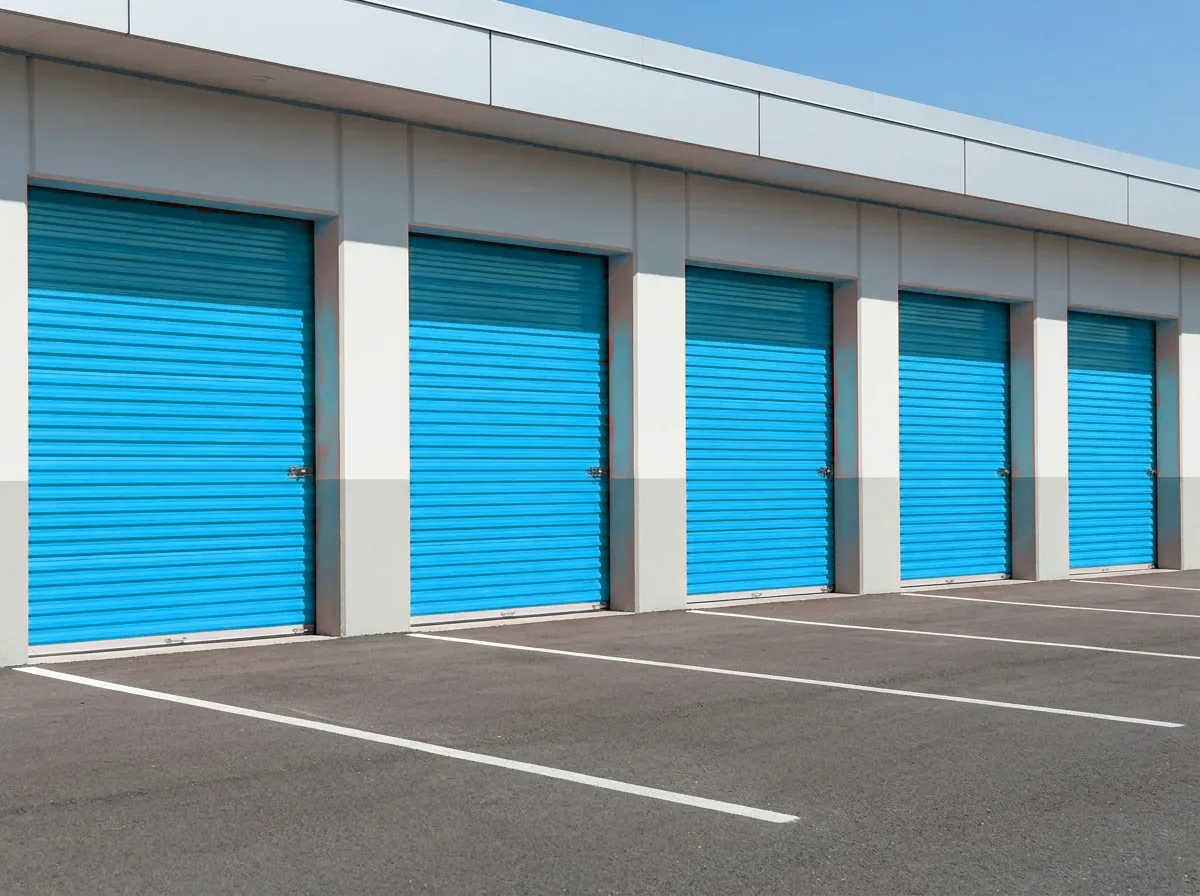 Reihe von Lagerboxen mit blauen Toren und asphaltierter Zufahrt