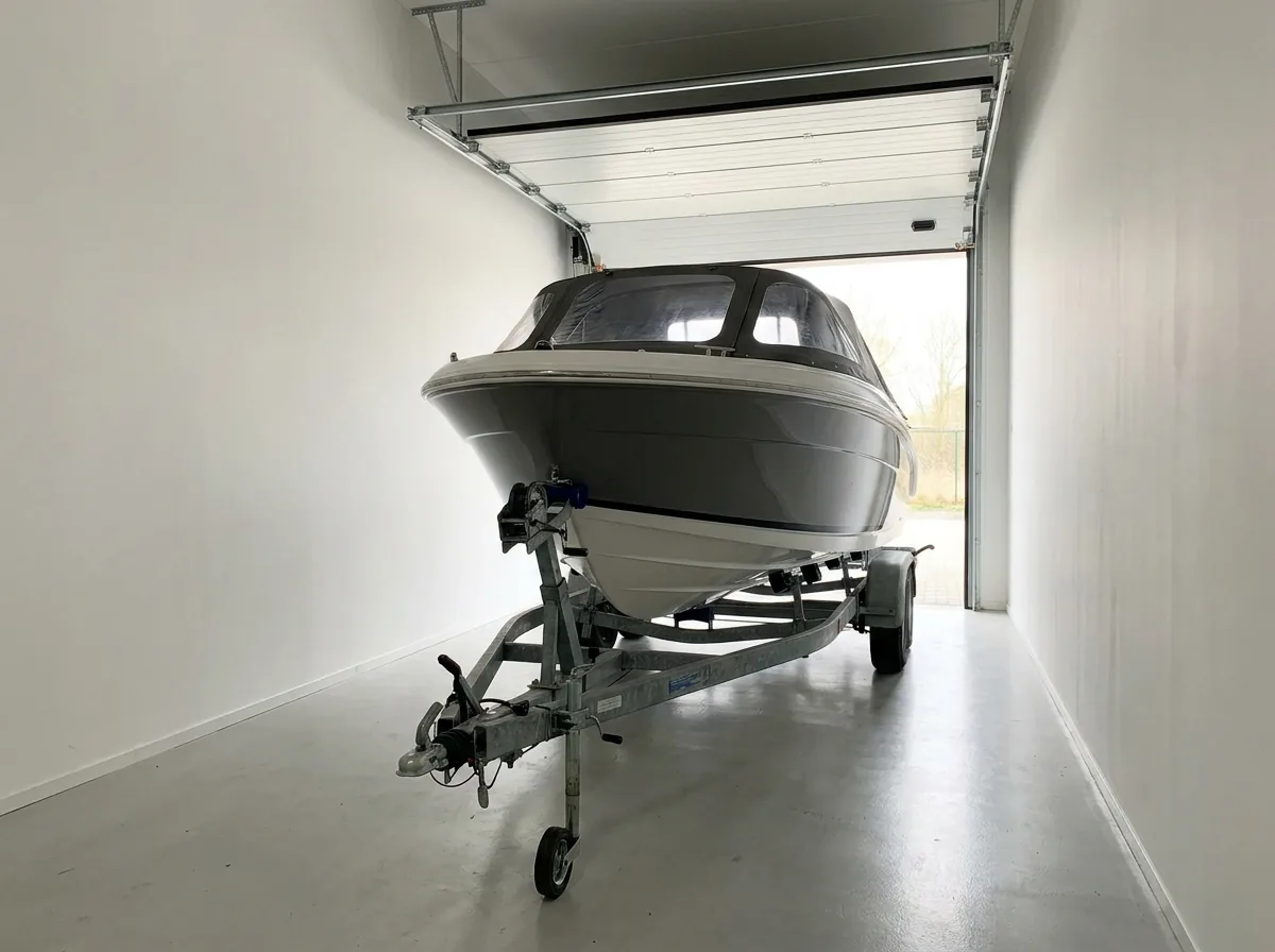 Modernes Boot auf einem Trailer in einer eigenen Lagereinheit