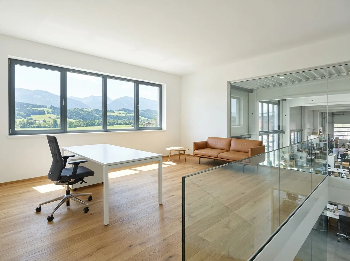 Kleiner Arbeitsbereich auf einer Zwischenebene mit Bergblick