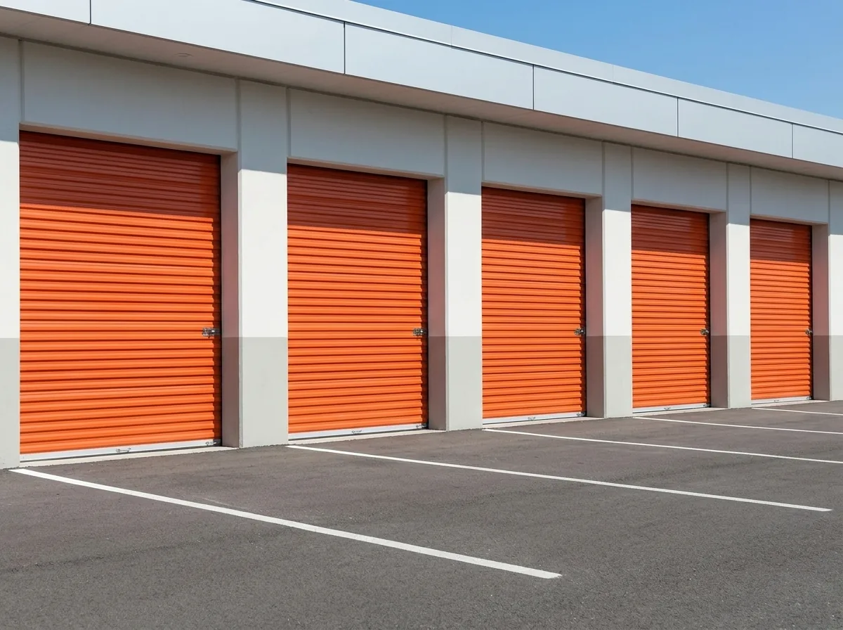Reihe von Lagerboxen mit orangen Toren und asphaltierter Zufahrt