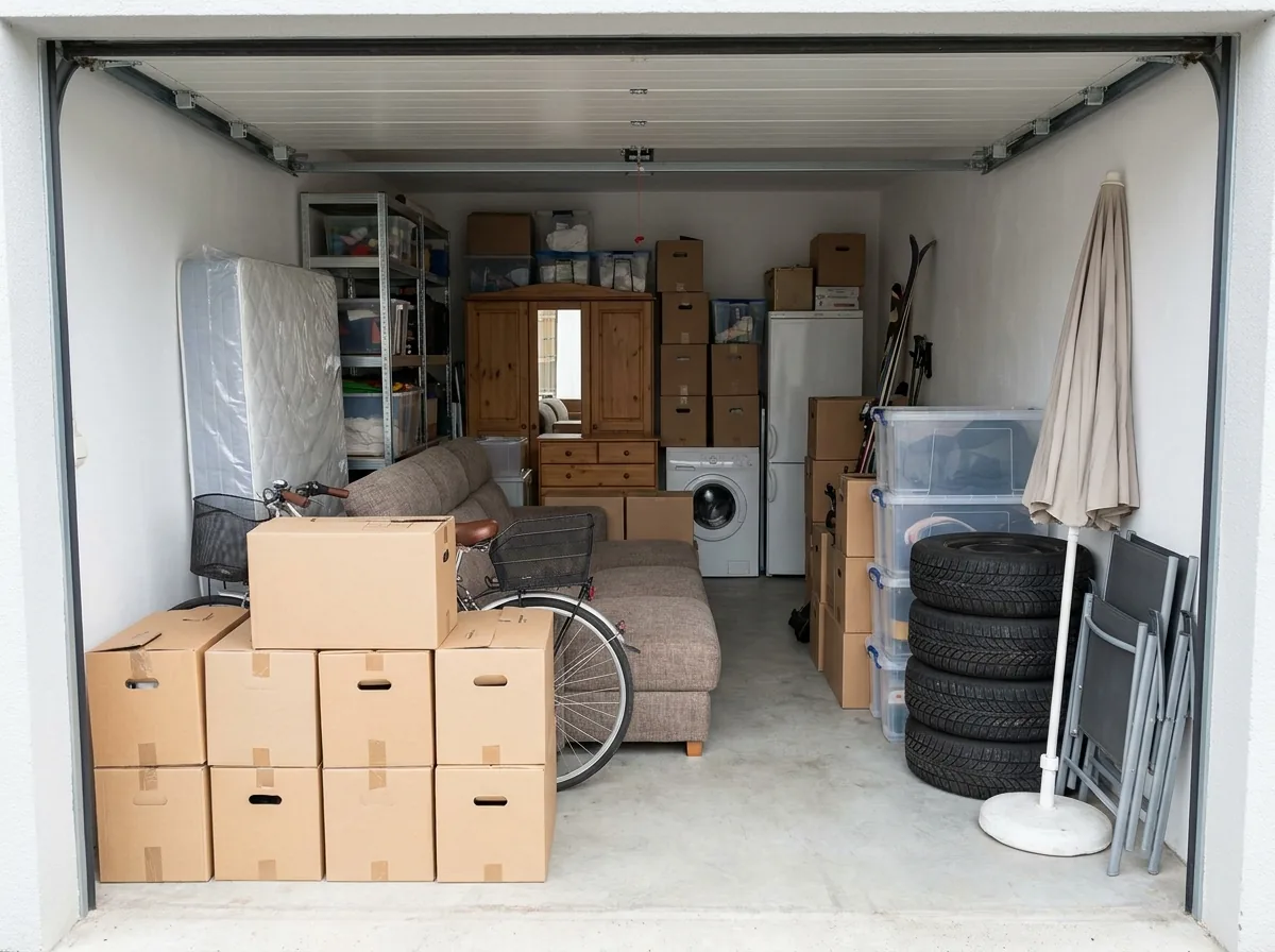 Illustration einer Lagereinheit gefüllt mit dem Hausrat einer Wohnung: Kartons, Sofa, Sessel, Waschmaschine, Kühlschrank, Fernseher, Fahrrad, Reifen und Skier
