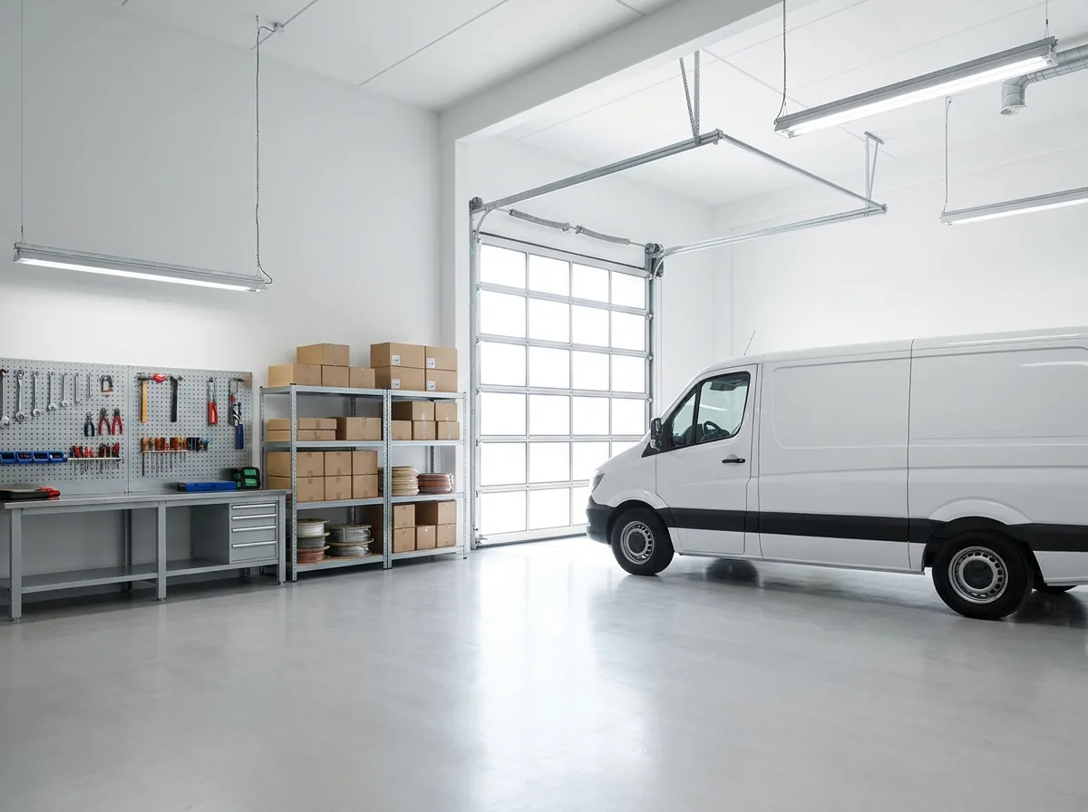 Transporter in einer befahrbaren Einheit mit Werkbank und Regal
